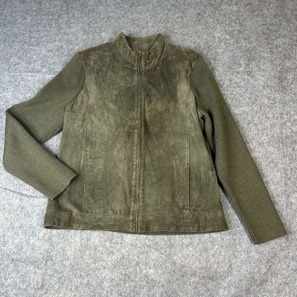 Pendleton Sweater Jacket Black Leather & Merino Wool Zip Front Women's L Olive - Picture 1 of 8